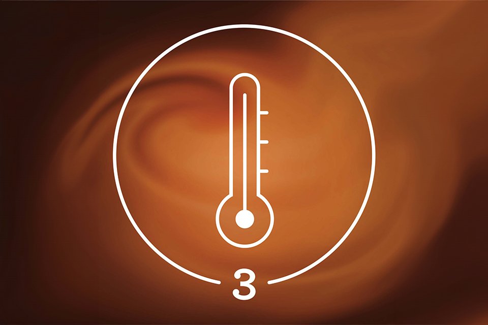 A white outline of a thermometer against a brown background.